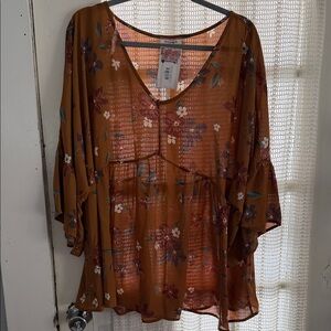 Andree Dark Mustard  Floral V-Neck Tunic Top